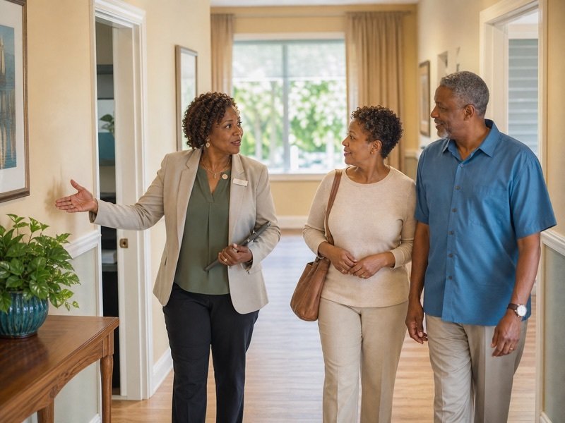 An administrator showing a family around a residential corridor during a facility tour.